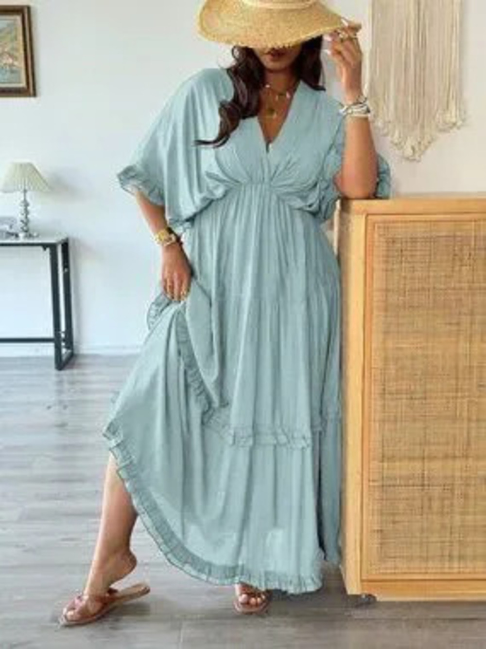 ZARA Blue Casual Women's Plus Size French Style Romantic Ruffle Trim Dress